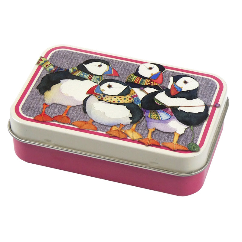 Small Hinged Tin - Knitting Puffins