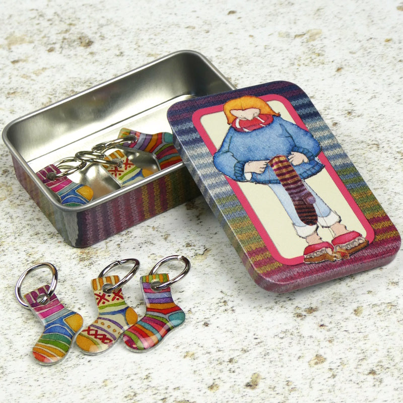 Ring Stitch Marker in Tin - Sock Knitter with Socks